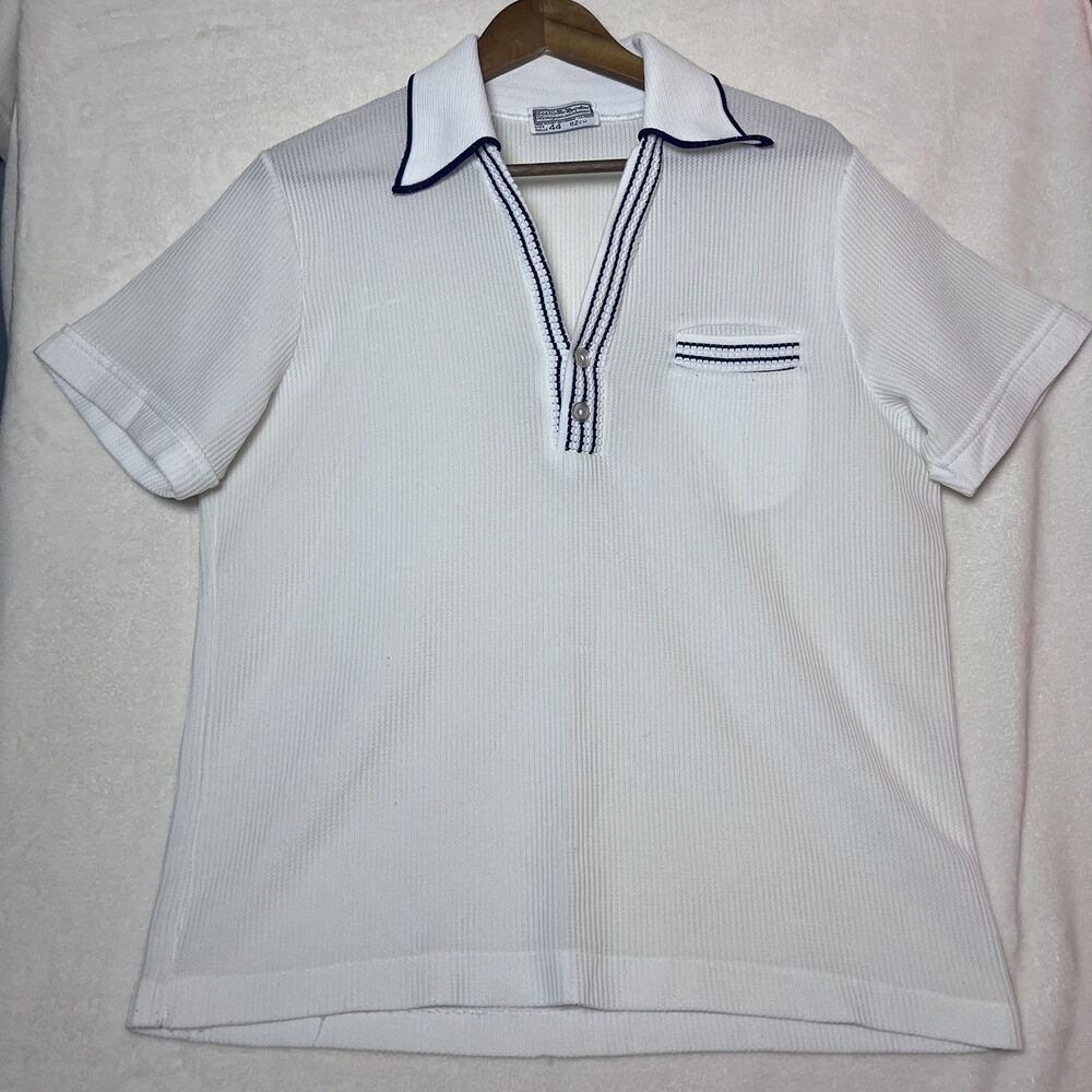 Vintage 70s Sears Men Polo Shirt 44 Tall White Navy Ribbed Knit Retro Mod Preppy